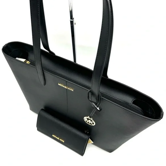 Michael Kors Medium Jet Set Travel Zip Tote Bag & Trifold Wallet Black/Gold